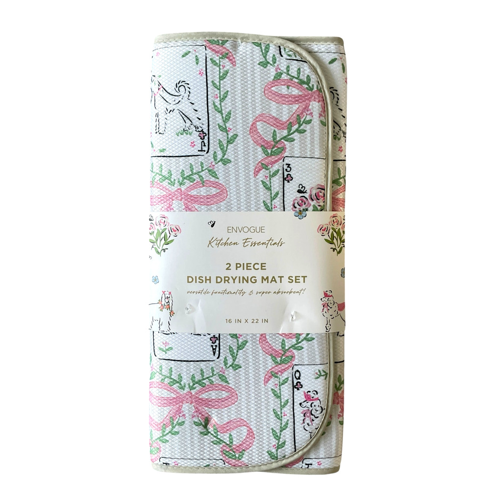 ENVOGUE Kitchen Dish Drying Mat 16x22 Set of 2 Pink Bows & Posh Dogs NEW